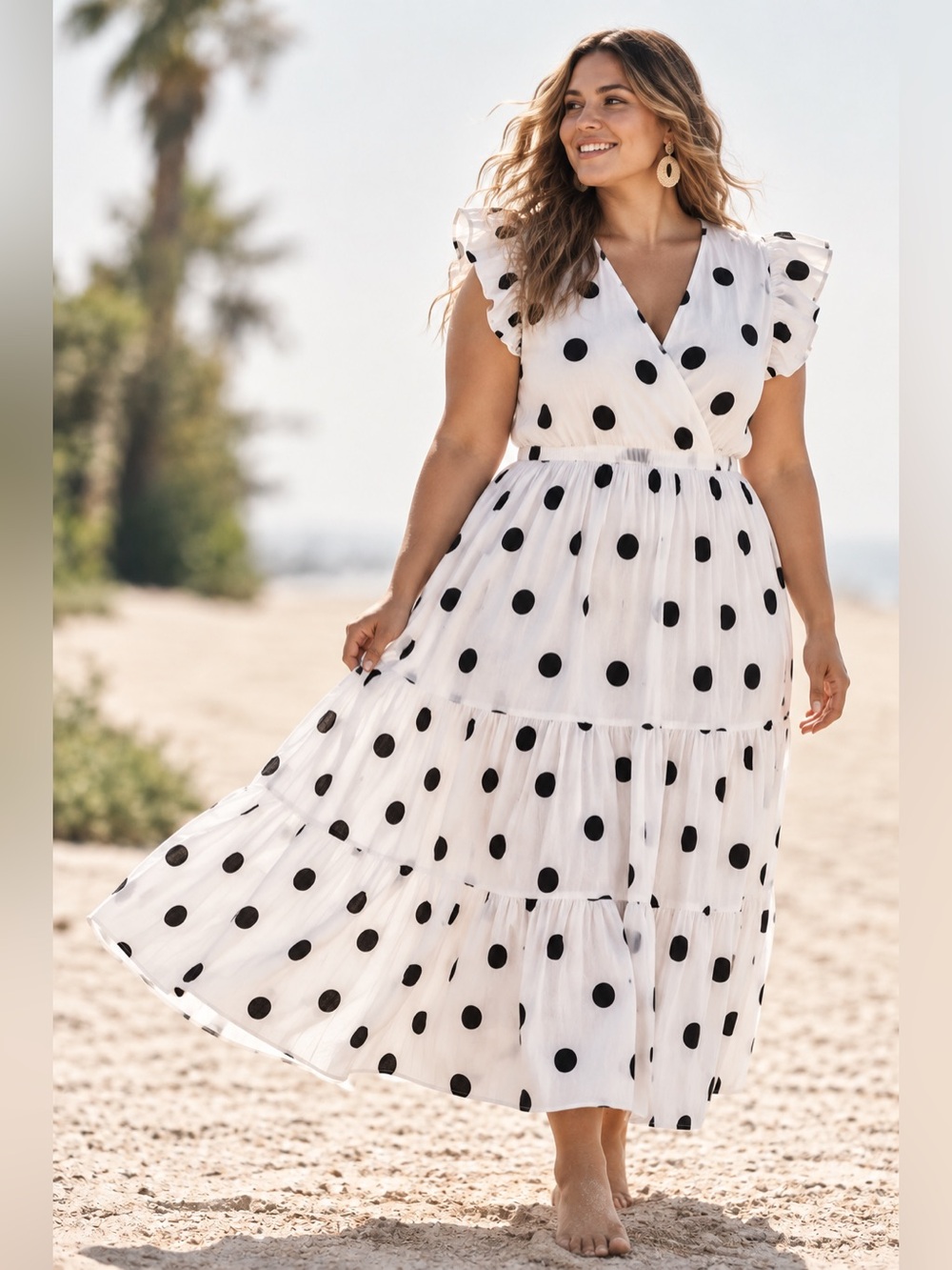 White Black Polka Dot Surplice Ruffle Sleeve Tiered Maxi Dress